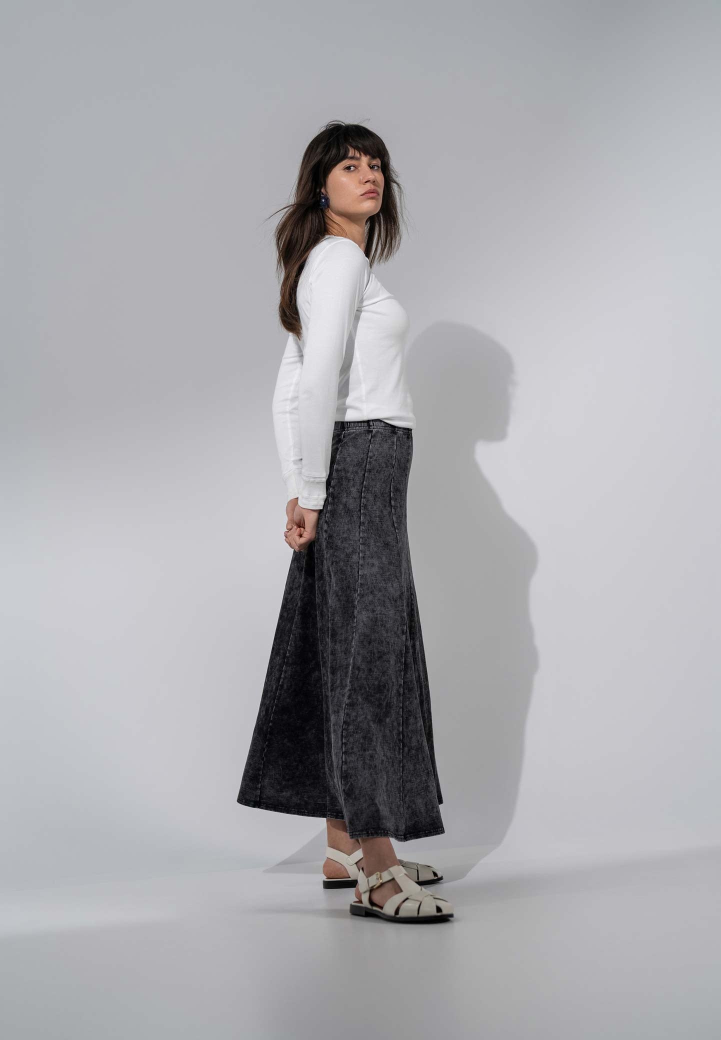 Paneled Flare Skirt 37&quot;-Black Wash