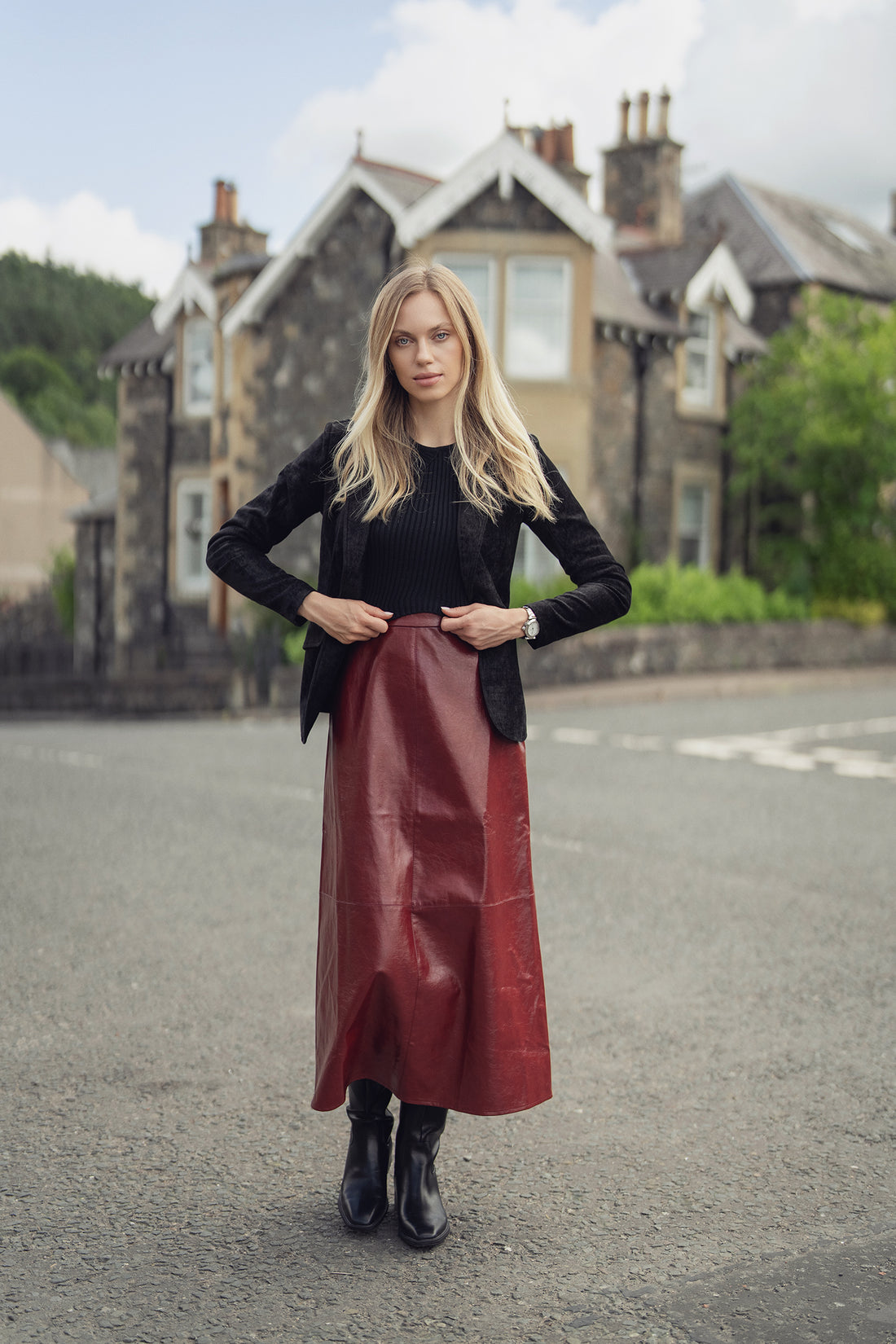 Coated Faux Leather A-Line Skirt-Burgundy
