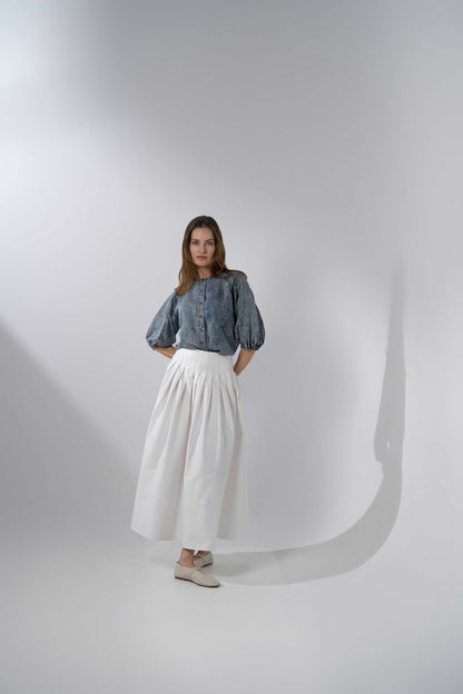 Puff Sleeve Washed Denim Blouse-Blue