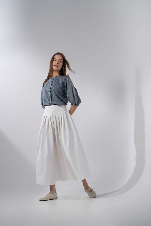 Puff Sleeve Washed Denim Blouse-Blue