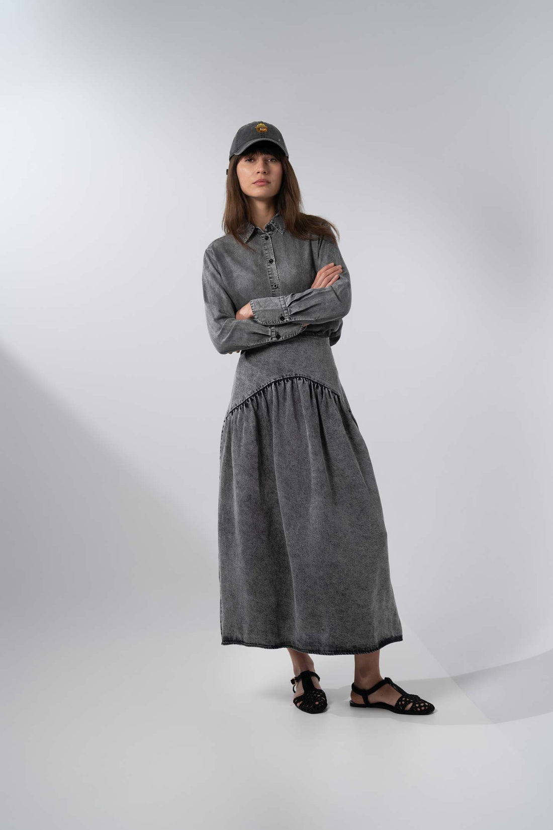 Curved Yoke Washed Denim Skirt 37&quot;-Washed Black