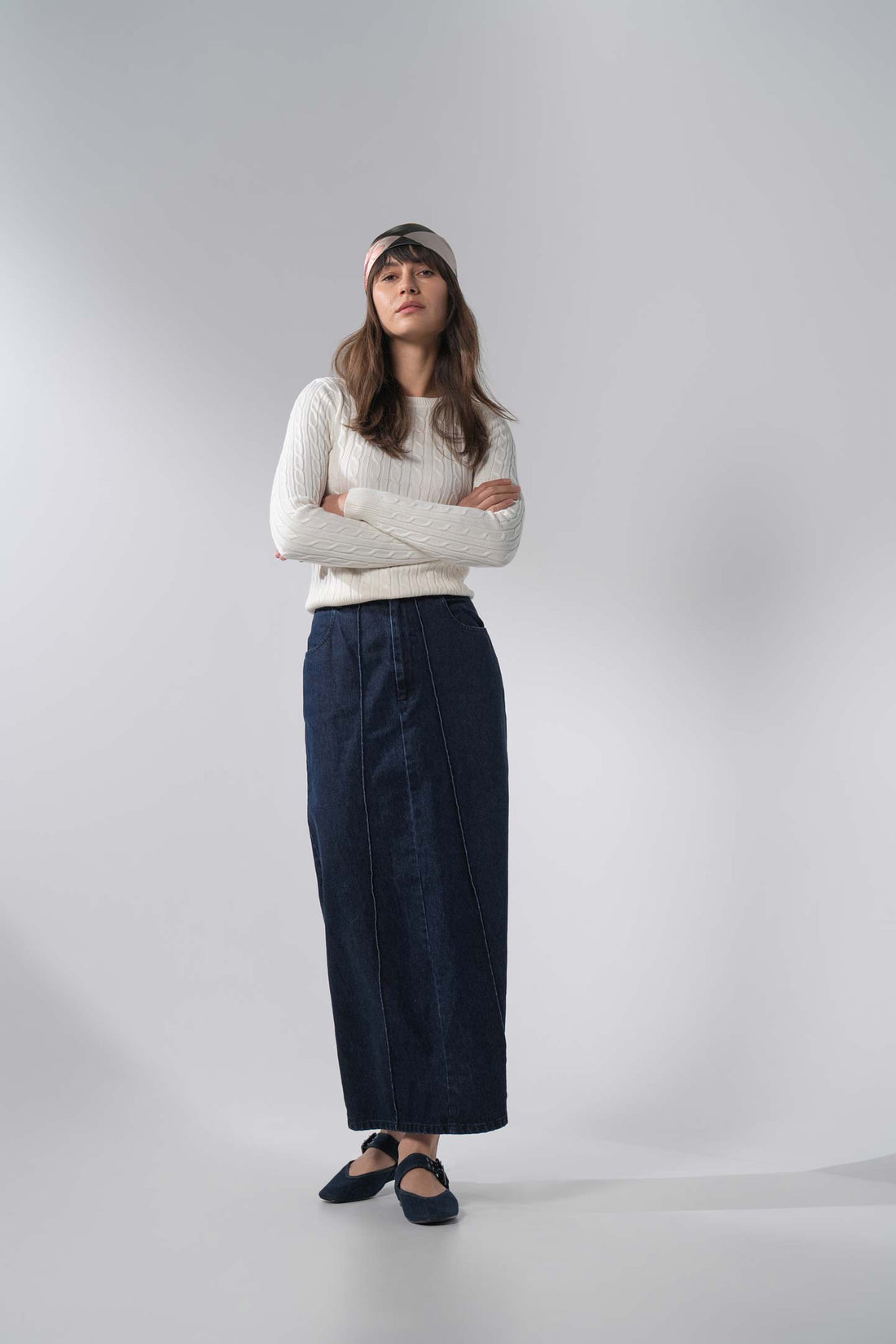 Denim Seamed Skirt-Dark Blue