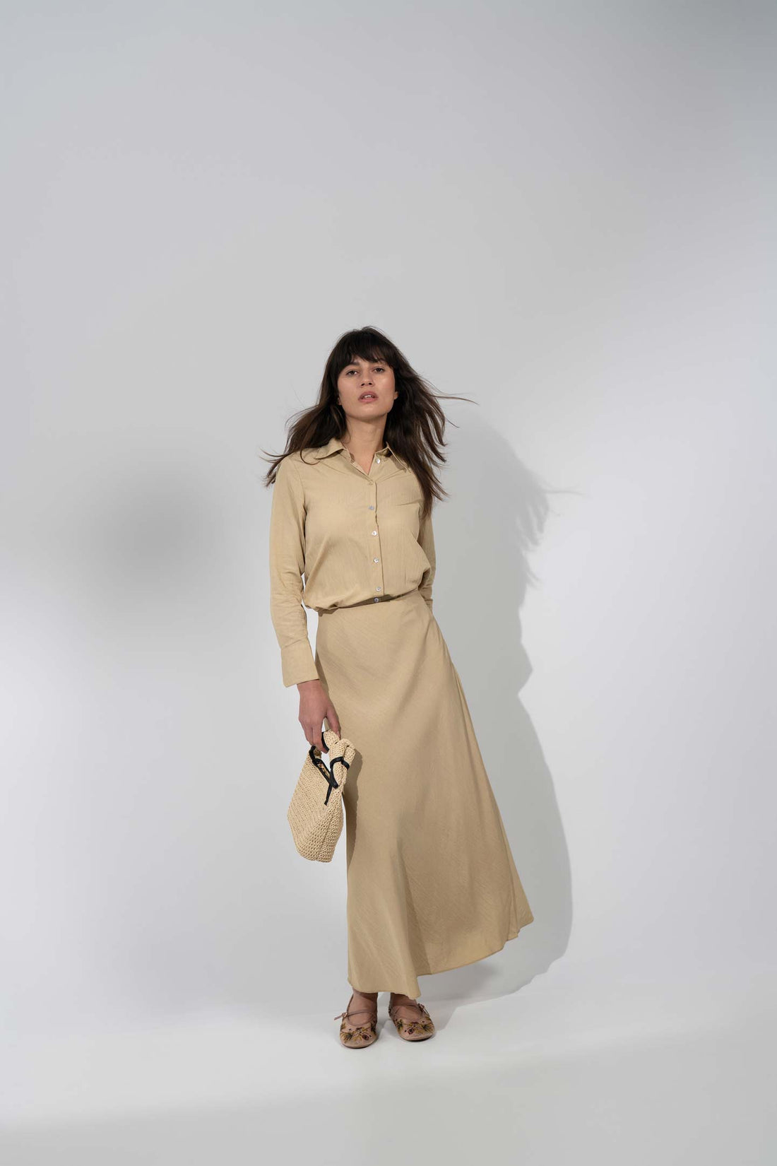 Crinkle Cotton Skirt 37"-Tan