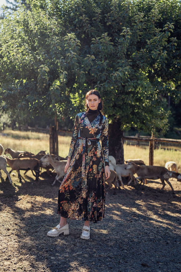 Velvet Wrap Dress - Floral Print