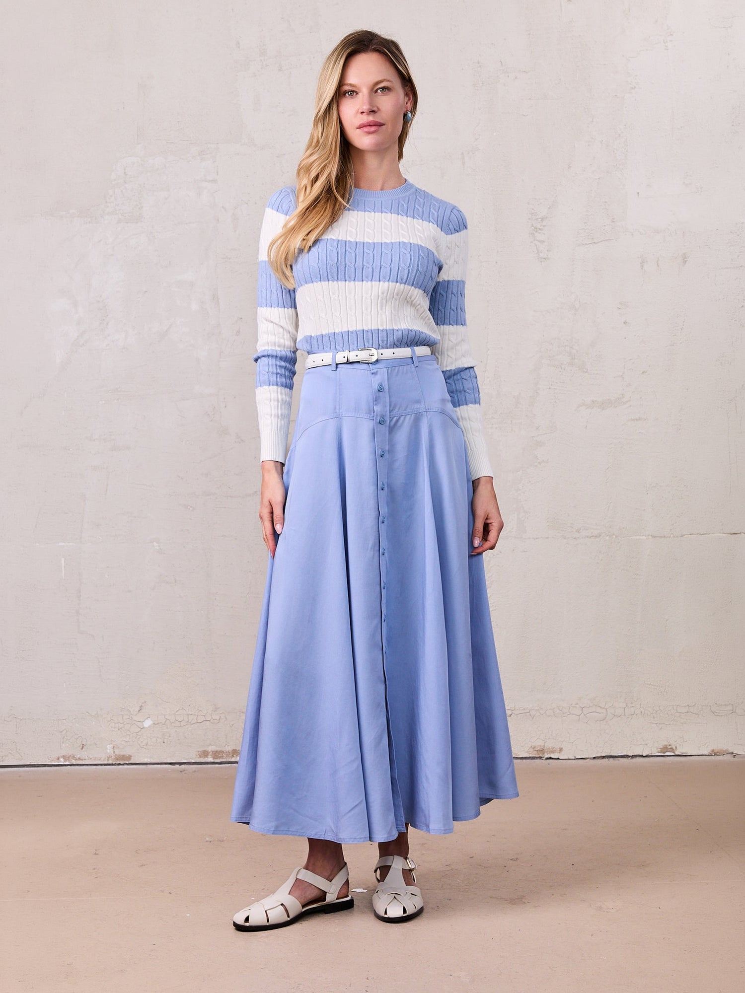 Tencel Yoke Button Down Skirt-Periwinkle Blue