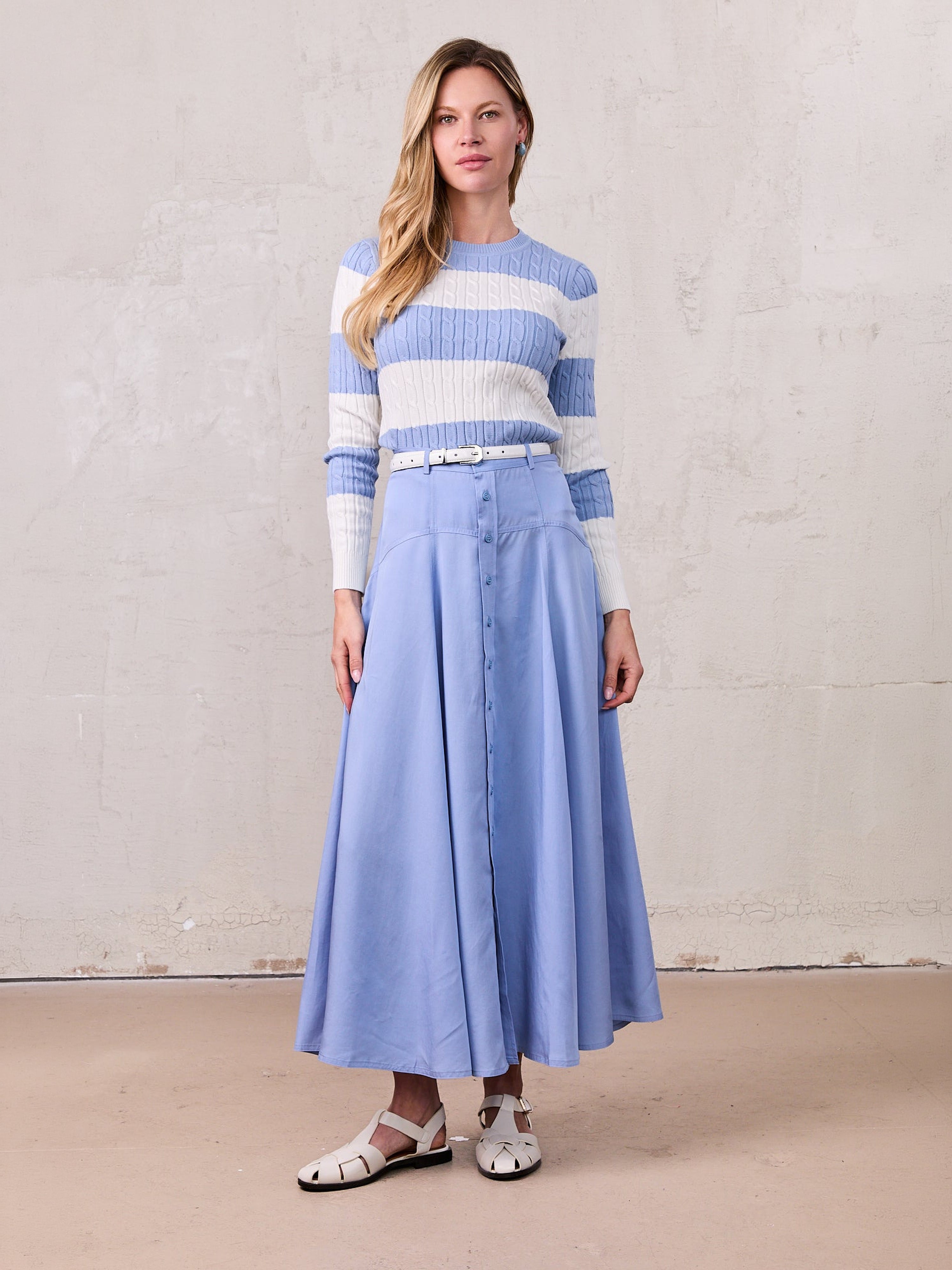 Tencel Yoke Button Down Skirt-Periwinkle Blue