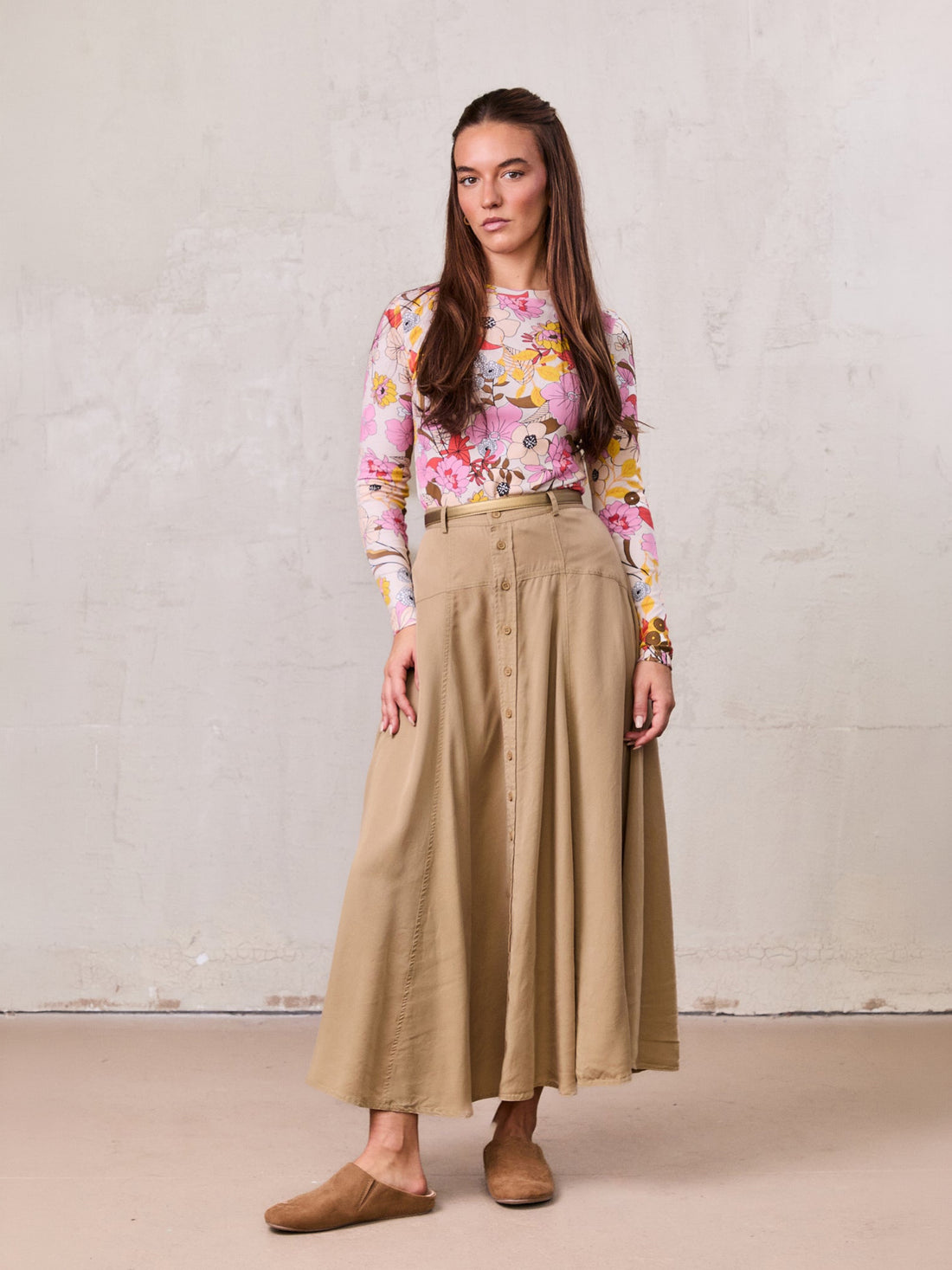 Tencel Yoke Button Down Skirt-Tan