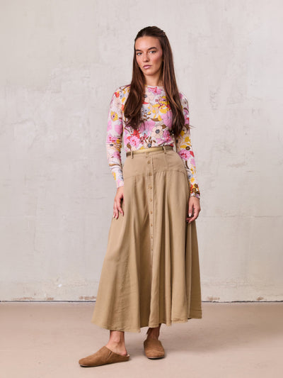 Tencel Yoke Button Down Skirt-Tan