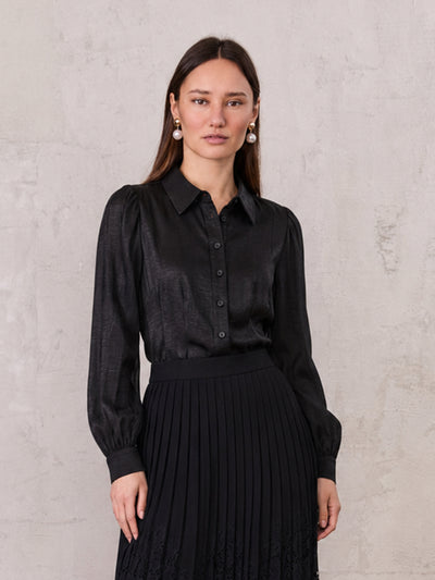Textured Puff Sleeve Blouse-Black