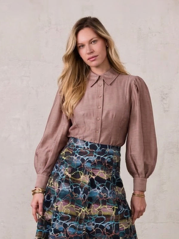 Textured Puff Sleeve Blouse-Mushroom
