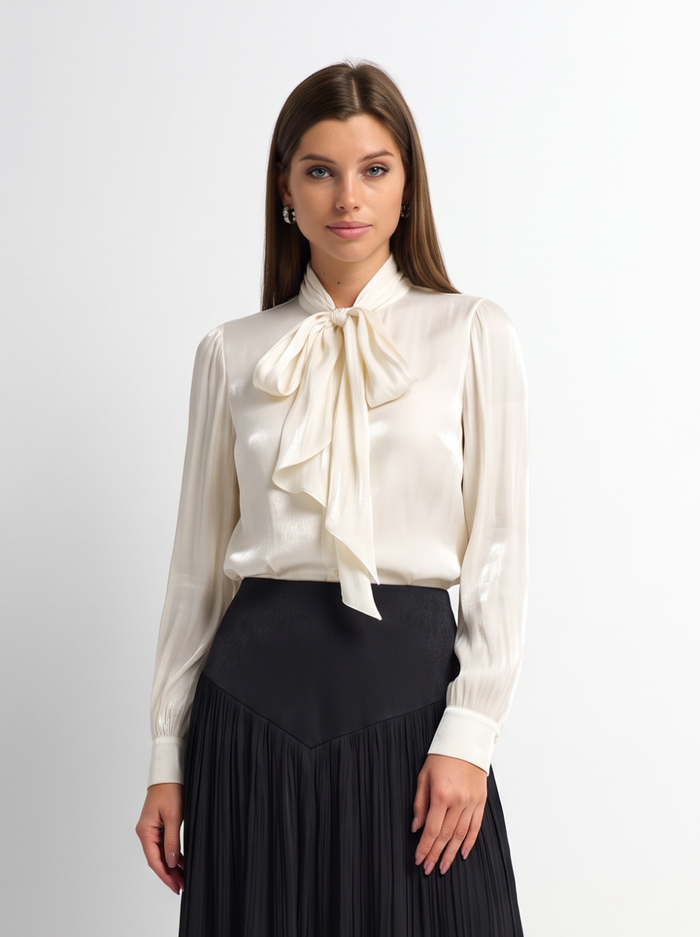 Textured Shimmer Center Bow Blouse - Cream