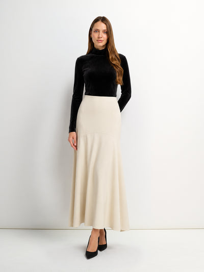Curved Yoke Faux Satin Skirt - Cream