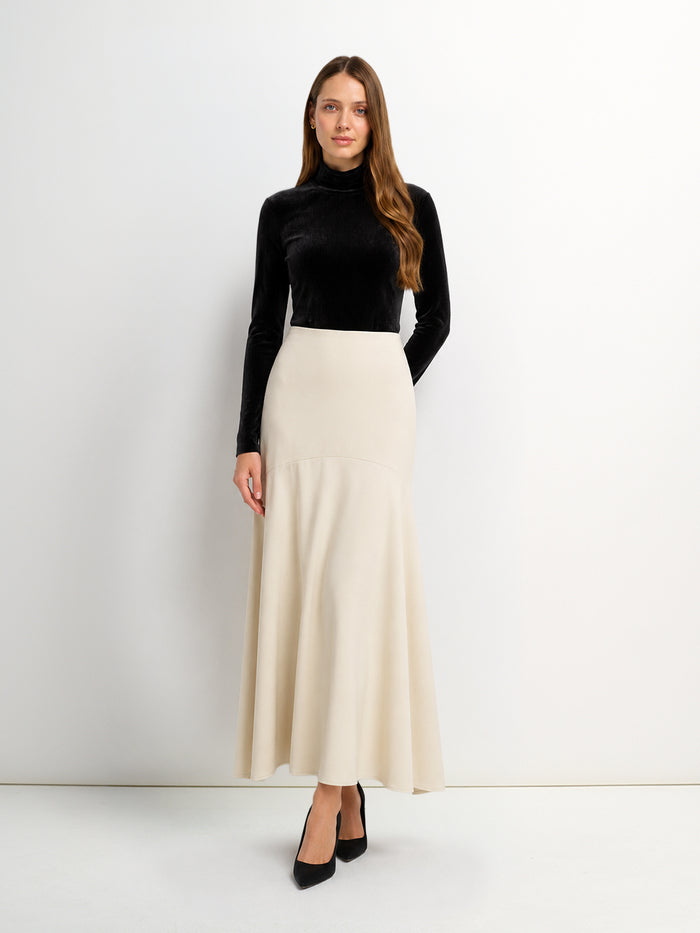 Curved Yoke Faux Satin Skirt - Cream