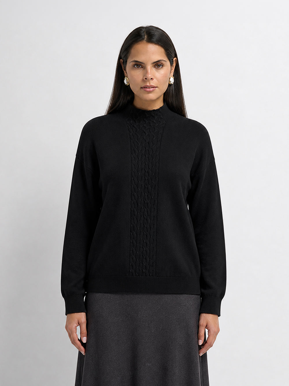 Thin Knit Center Cable Sweater - Black
