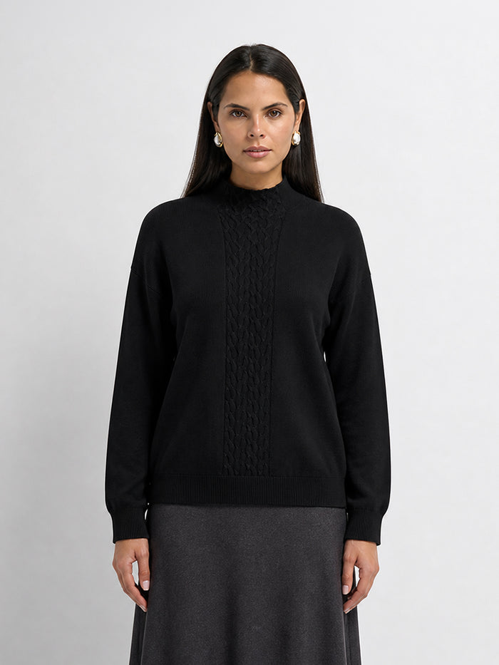 Thin Knit Center Cable Sweater - Black