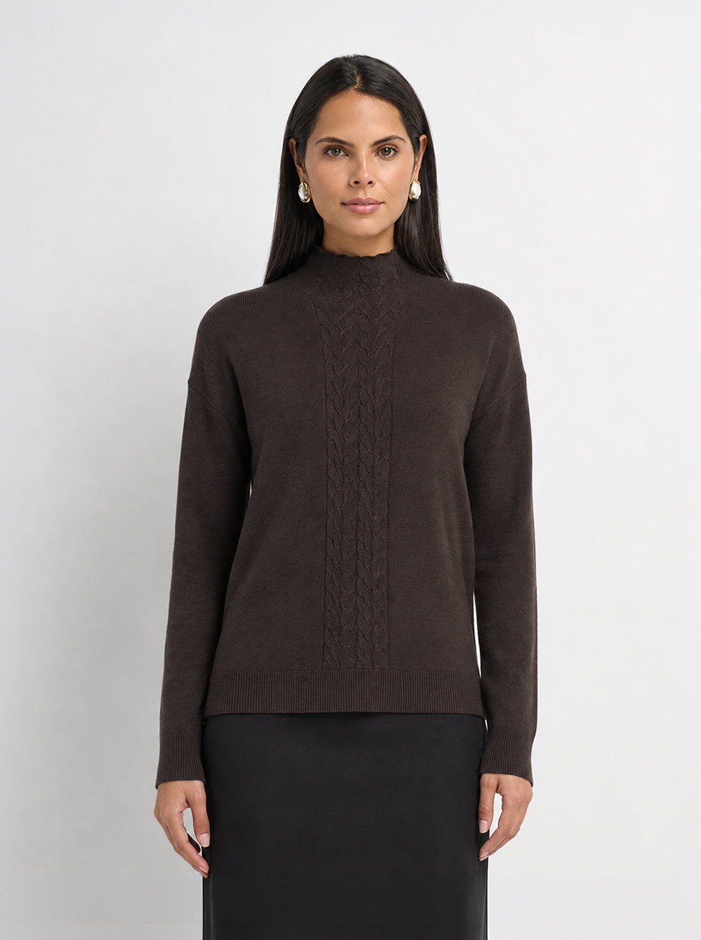 Thin Knit Center Cable Sweater - Chocolate Brown