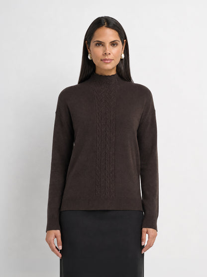 Thin Knit Center Cable Sweater - Chocolate Brown