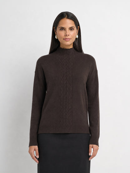 Thin Knit Center Cable Sweater - Chocolate Brown