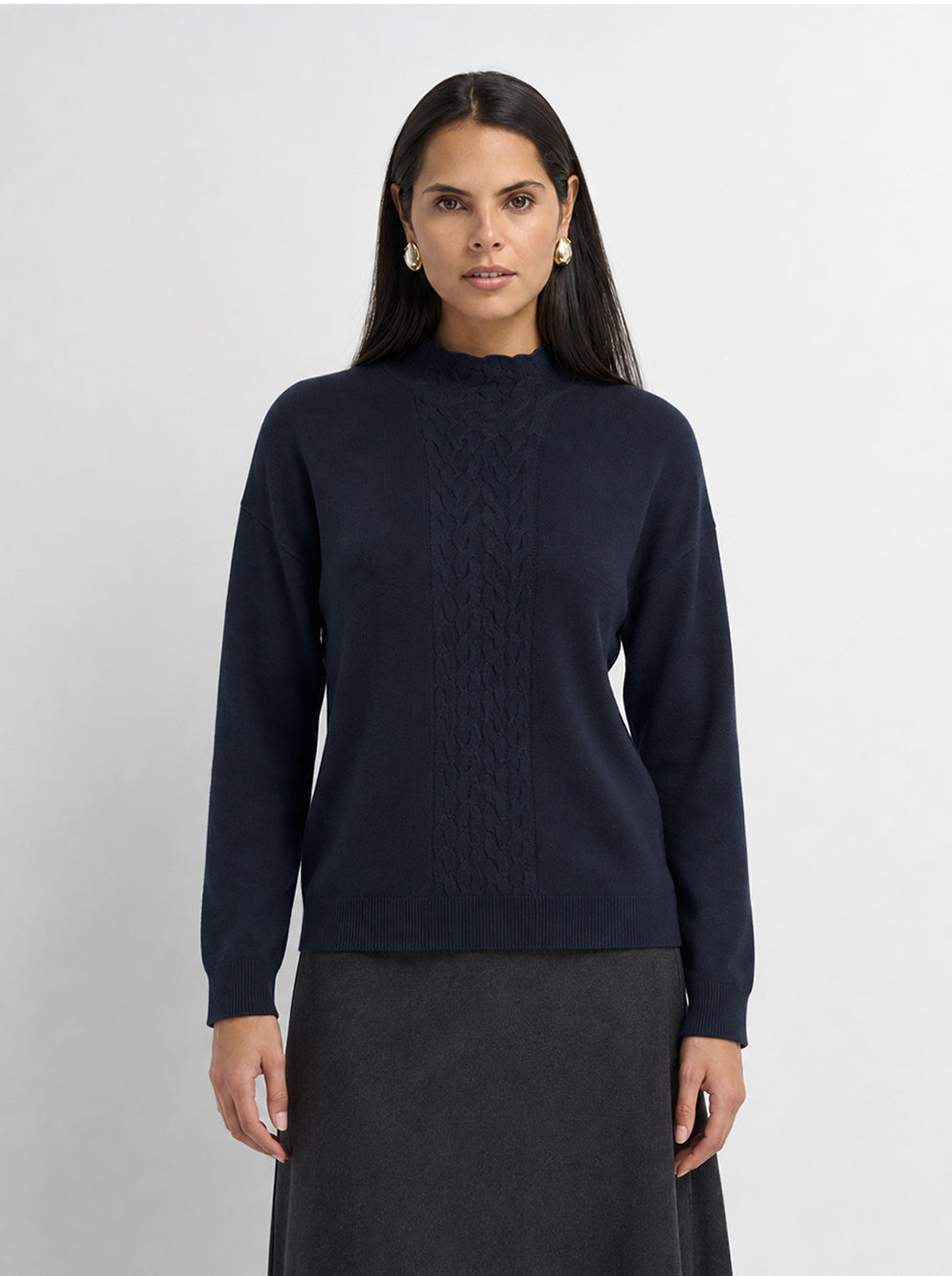 Thin Knit Center Cable Sweater - Navy