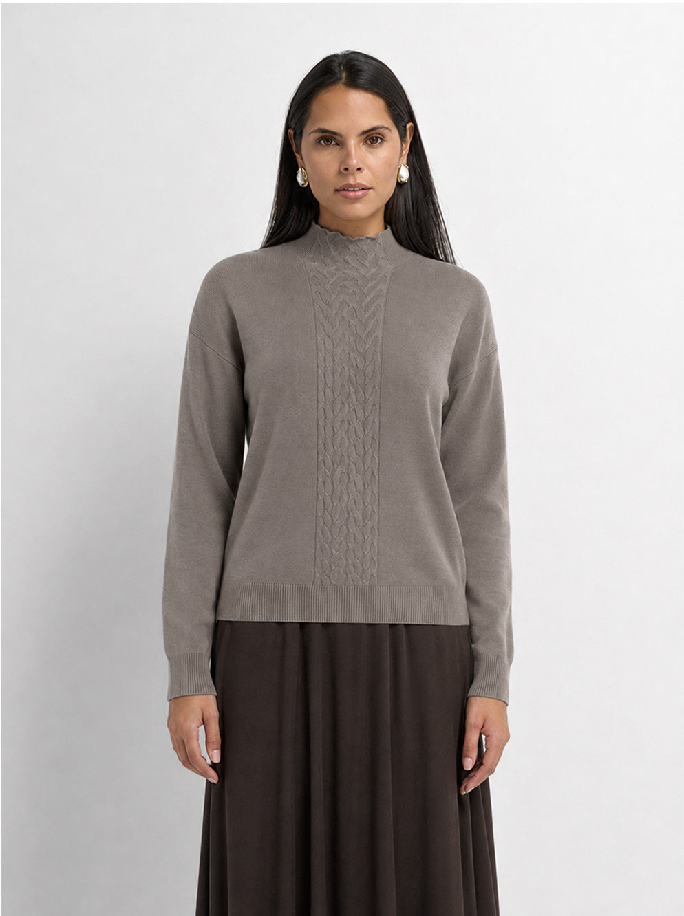 Thin Knit Center Cable Sweater - Warm Taupe
