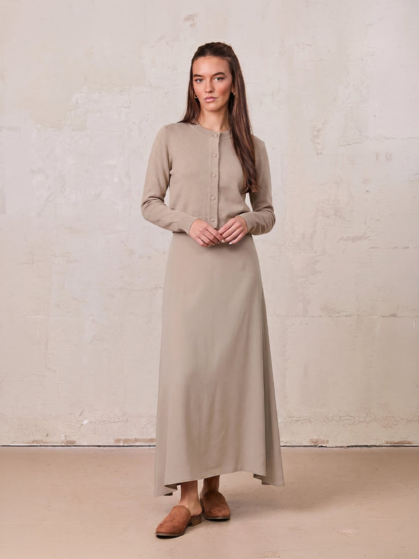 Trim Detail Crew Crop Cardigan-Heathered Latte