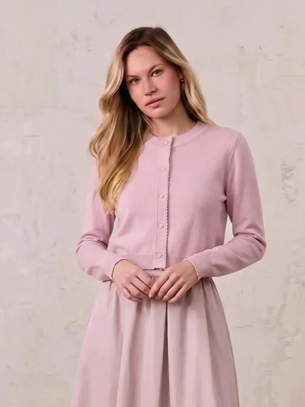 Trim Detail Crew Crop Cardigan-Mauvey Pink