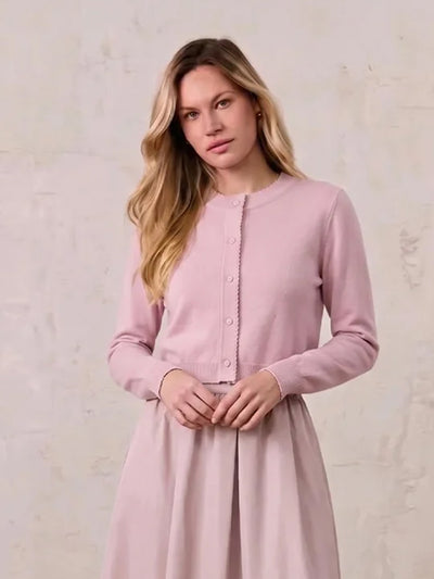 Trim Detail Crew Crop Cardigan-Mauvey Pink