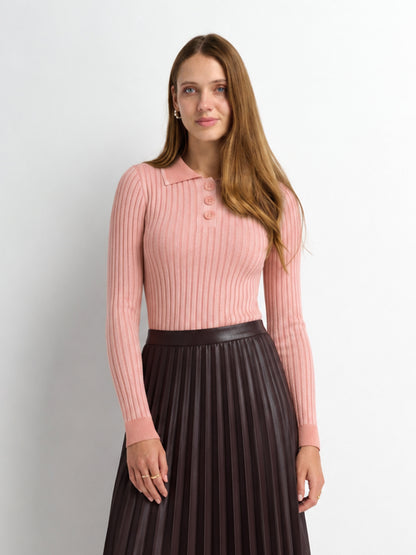 Two Tone Ribbed Polo Sweater-Peach