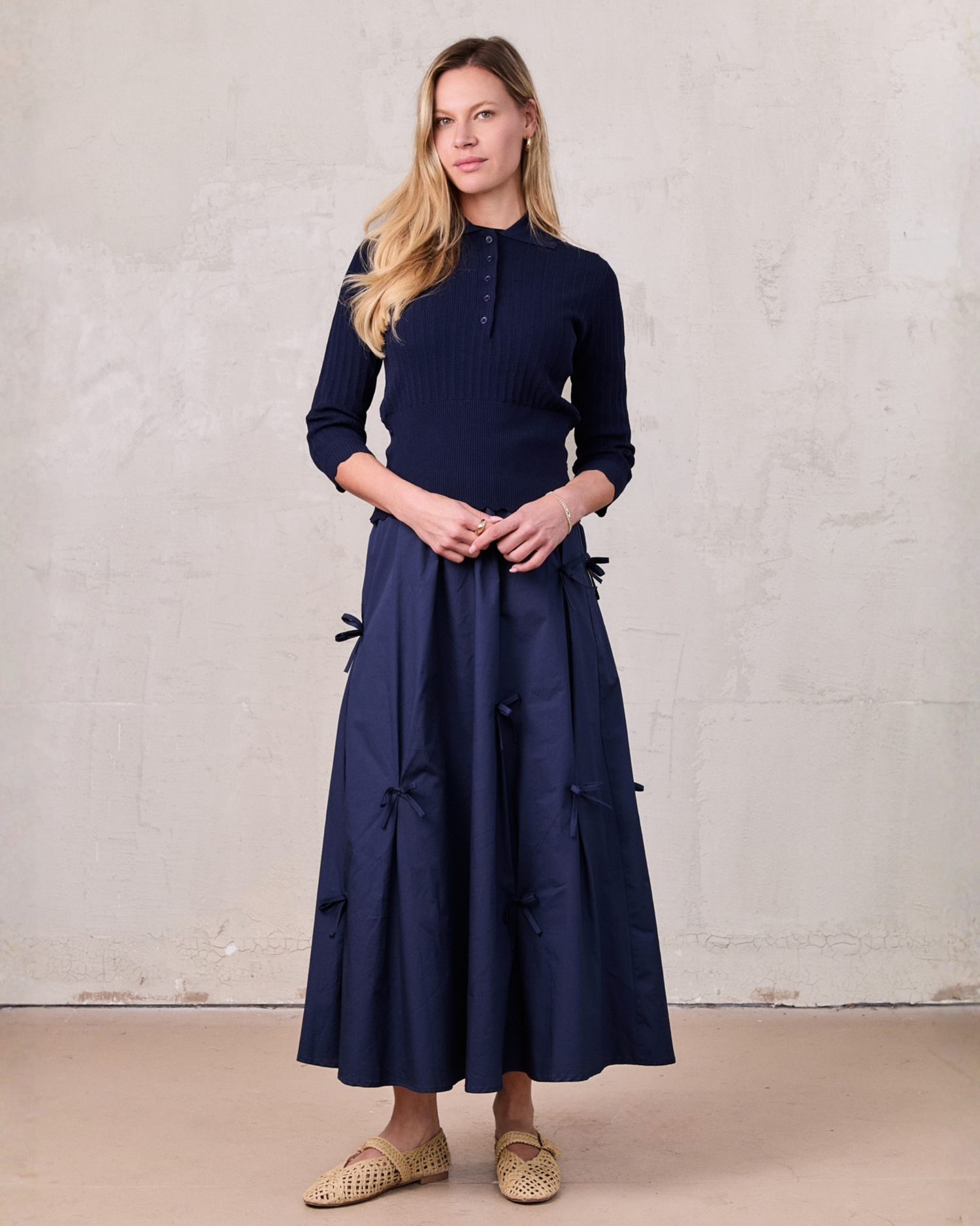 Scattered Bow Full Skirt-Navy