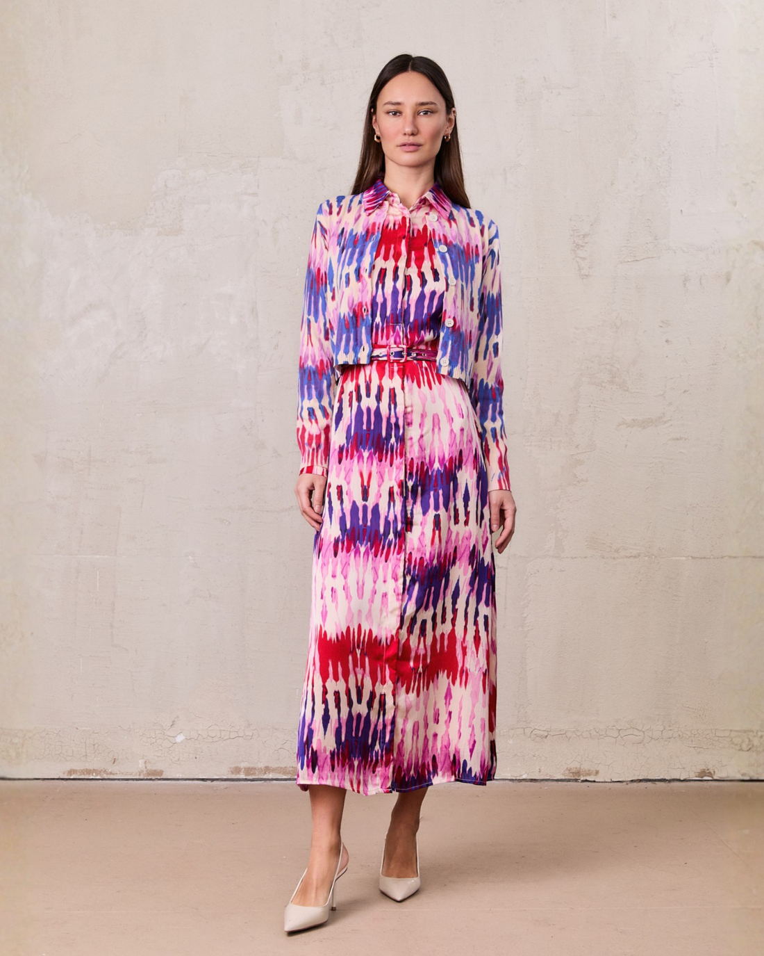 Basic Belted A-Line Dress-Pink Watercolor