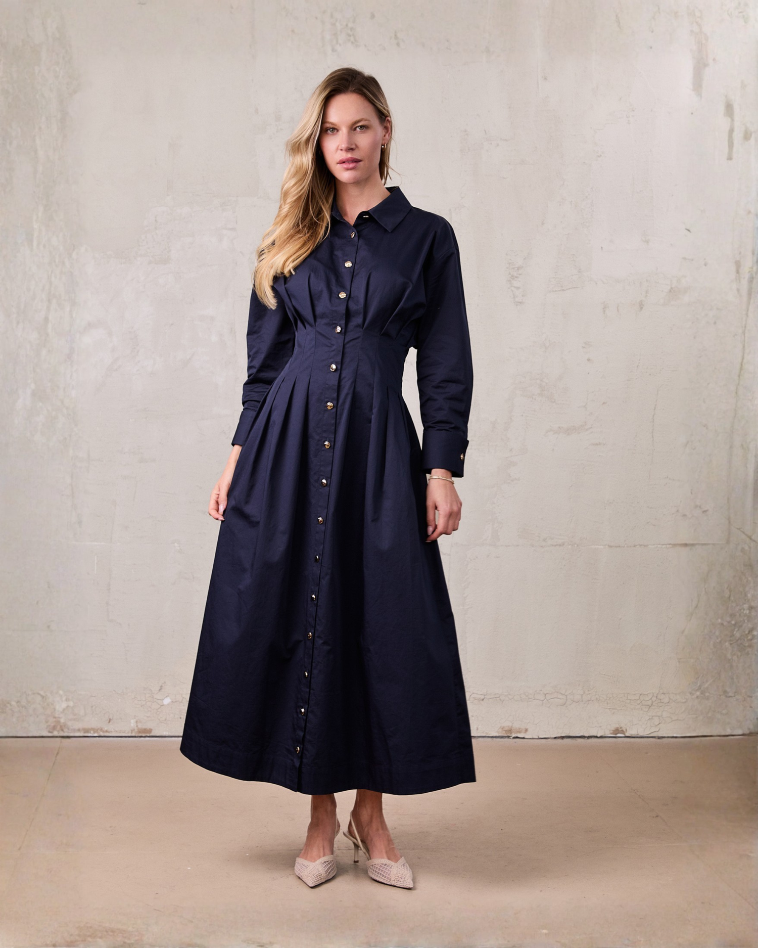 Pleat Waist Button Down Dress-Navy
