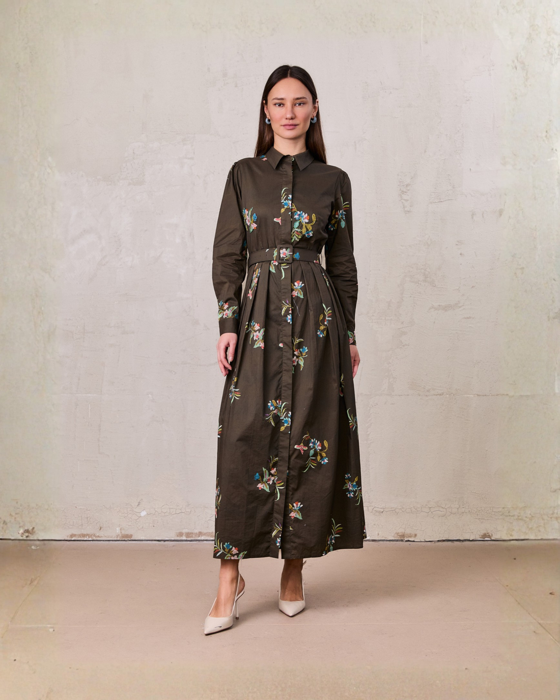 Belted Pleated Bottom Shirtdress-Beaded Floral