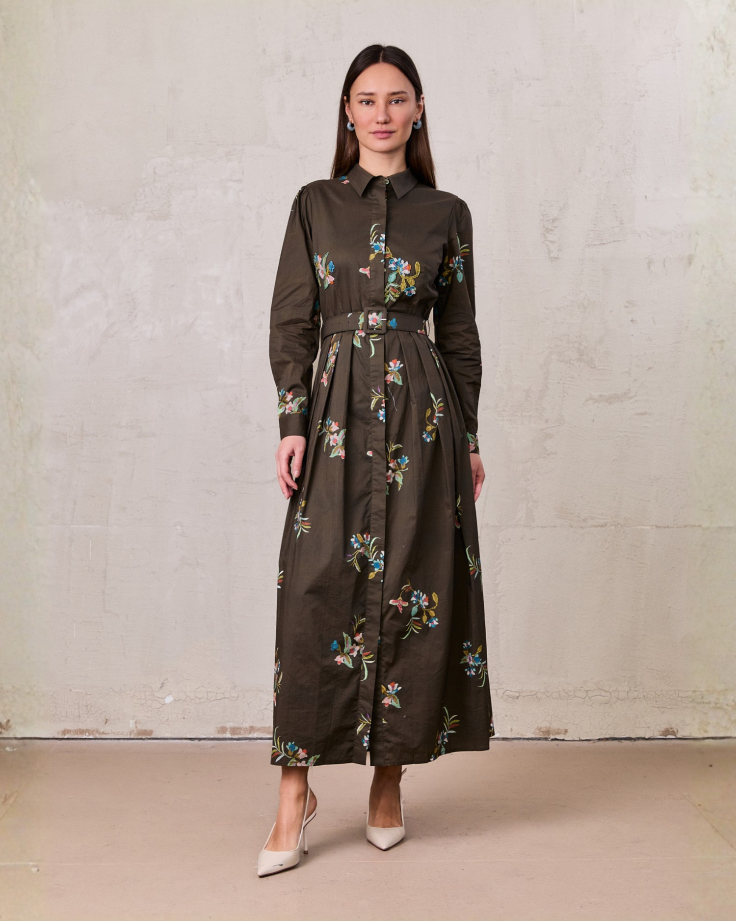 Belted Pleated Bottom Shirtdress-Beaded Floral