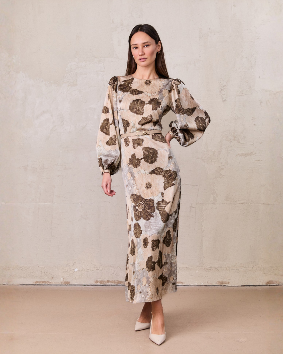 Belted Full Sleeve Dress-Floral