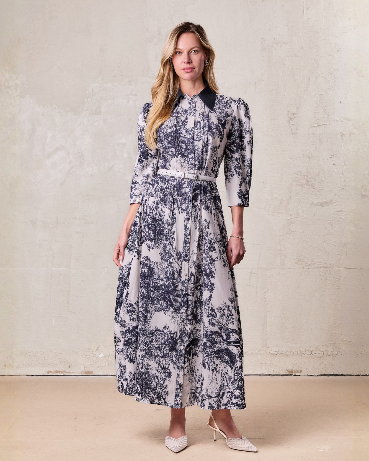 Collared Ruched Back Shirtdress-Navy Toille