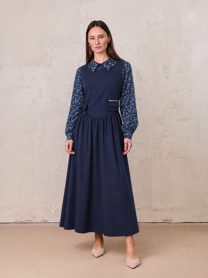 V Gathered Waist Jumper-Navy