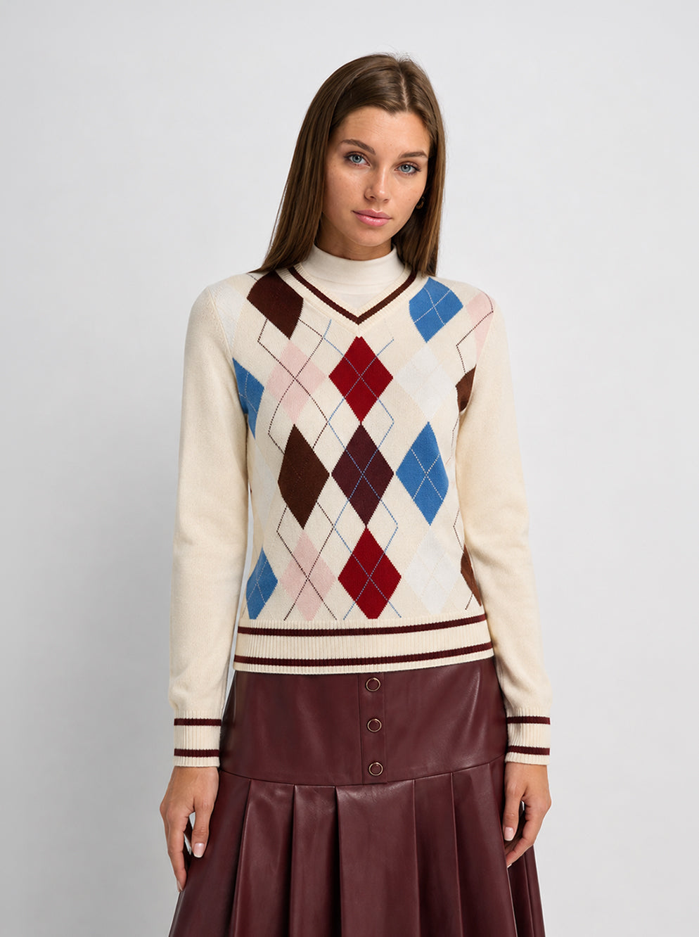 V Neck Argyle Sweater - Cream