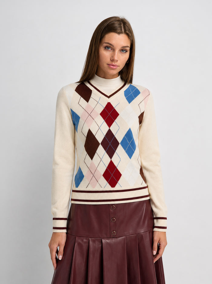 V Neck Argyle Sweater - Cream