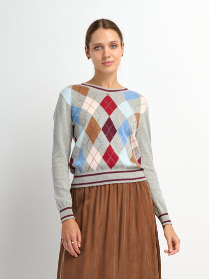 V Neck Argyle Sweater - Grey