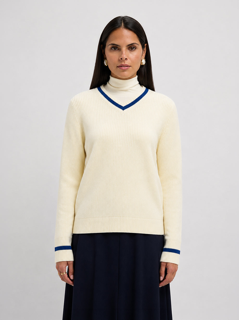 V Neck Varsity Sweater - Cream/Cobalt Blue