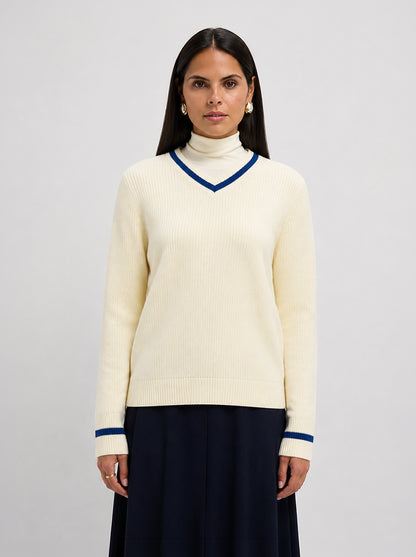 V Neck Varsity Sweater - Cream/Cobalt Blue