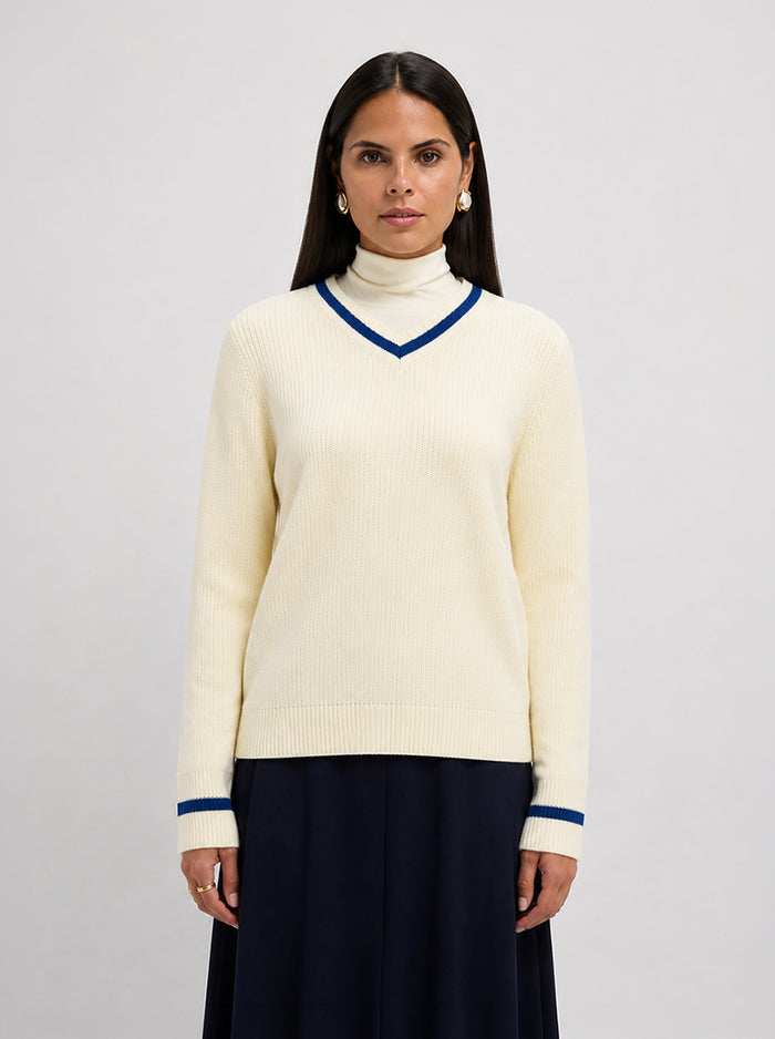 V Neck Varsity Sweater - Cream/Cobalt Blue