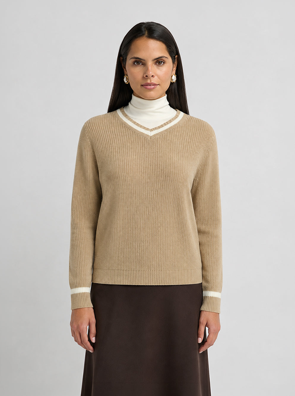 V Neck Varsity Sweater - Tan/Cream