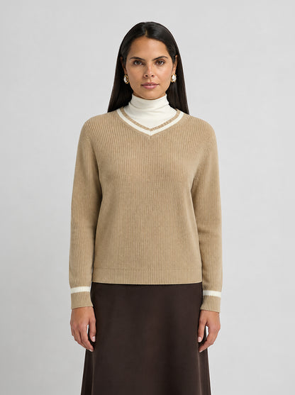 V Neck Varsity Sweater - Tan/Cream