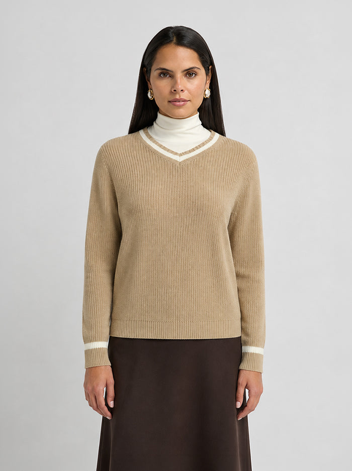 V Neck Varsity Sweater - Tan/Cream
