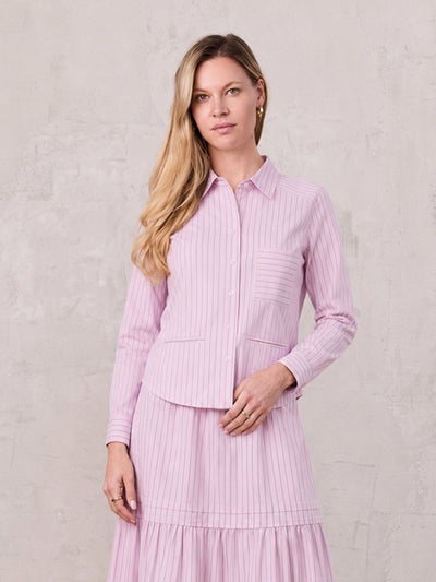 Crop Pinstripe Blouse-Pink/White