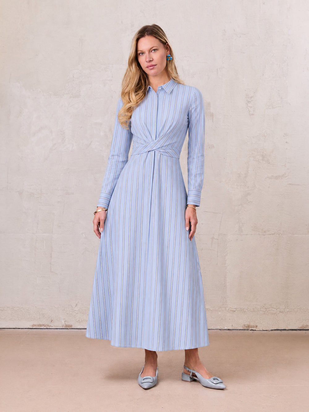 Pinstripe Tie Front Shirtdress-Light Blue Stripe