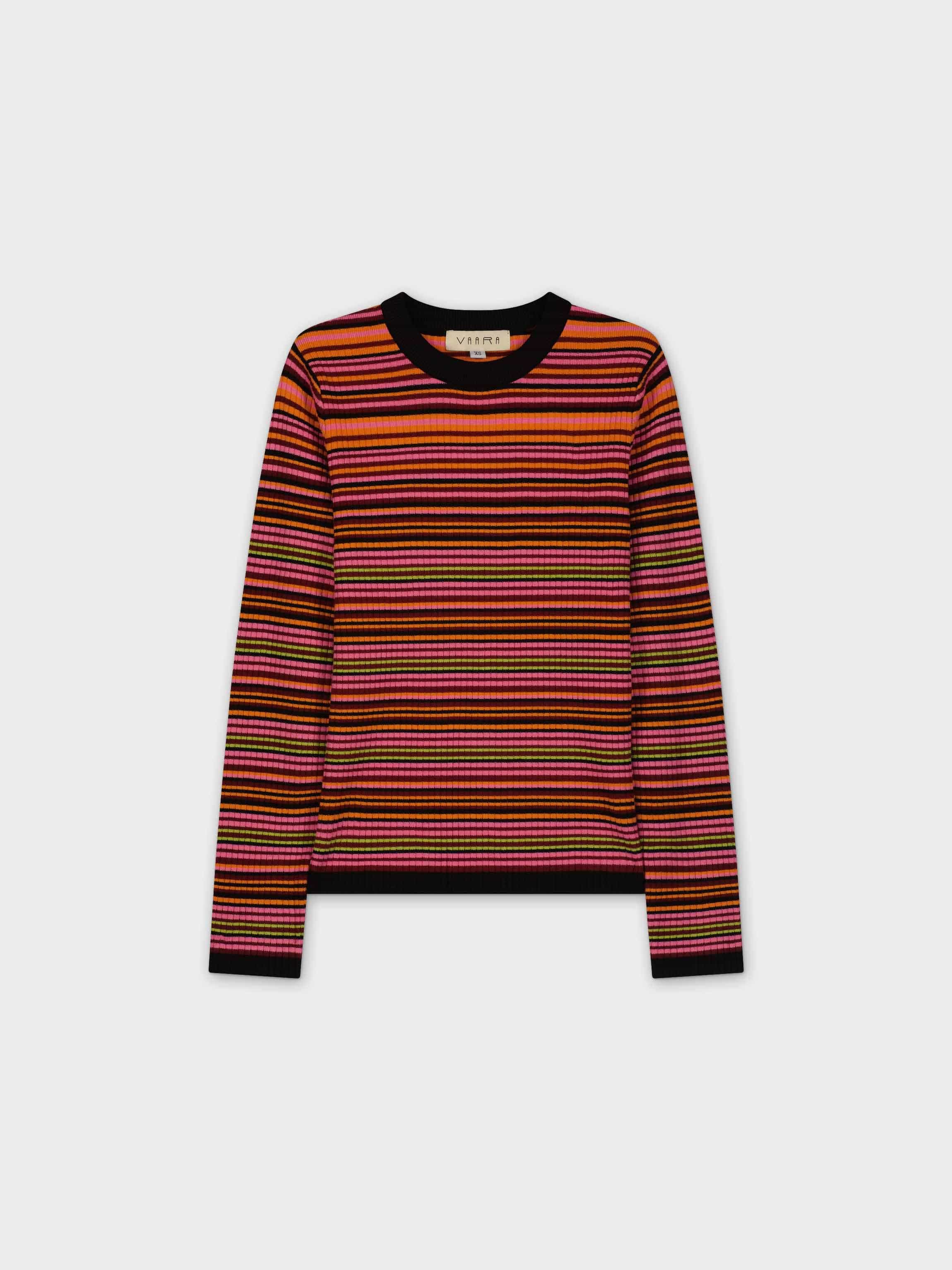 MULTI STRIPE RIBBED SWEATER-PINK/ORANGE BLACK