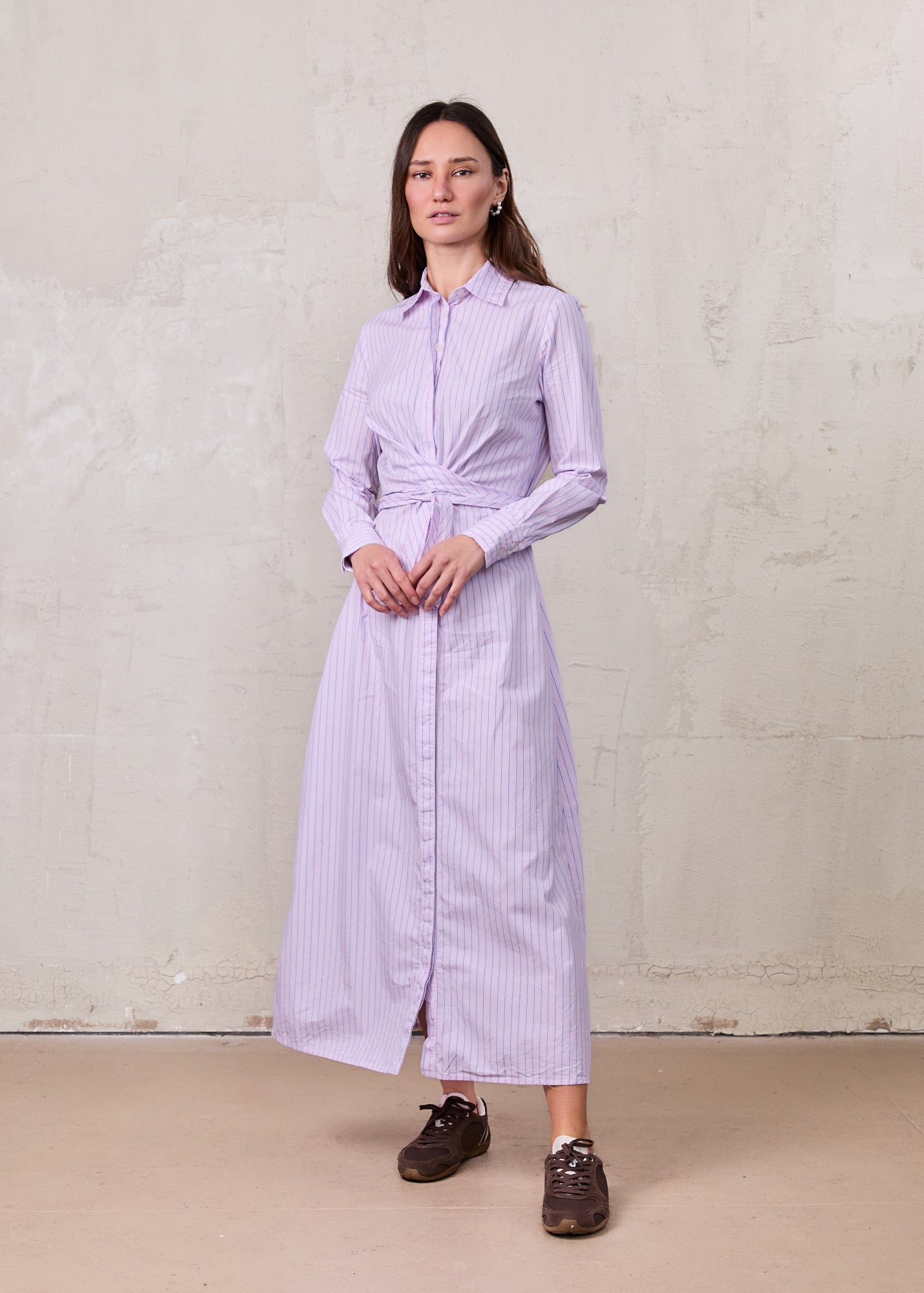 Pinstripe Tie Front Shirtdress-Pink Stripe