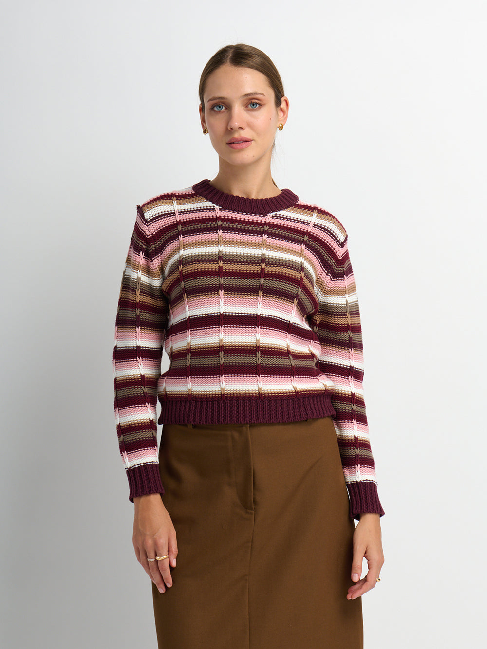 Overstitch Detail Striped Sweater - Burgundy Stripe